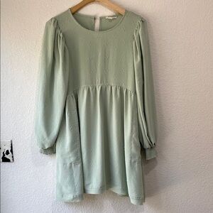 By The River Women's Mint Smocked Long Sleeve Front Pocket Casual Lined Dress L